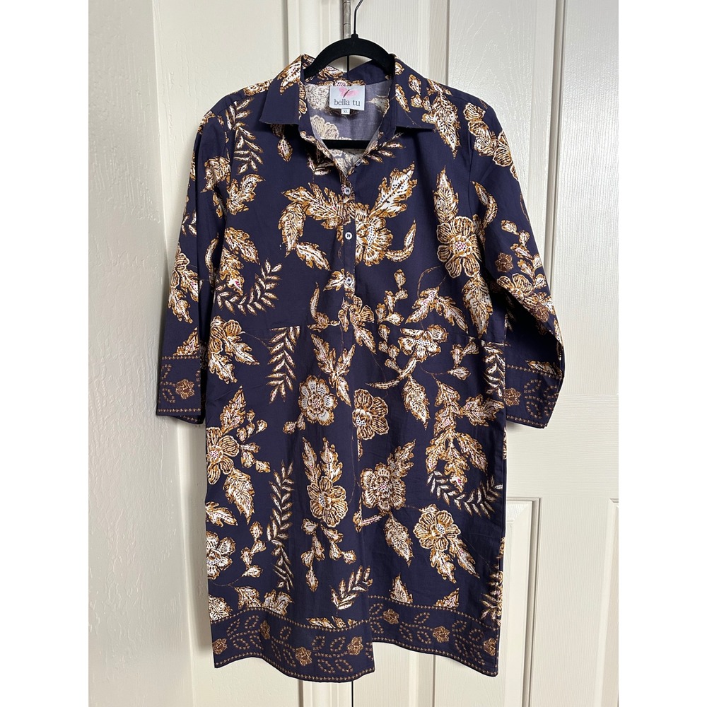 Bella Tu Floral Cotton Blend Henley Tunic Dress Navy Gold Border Size XL